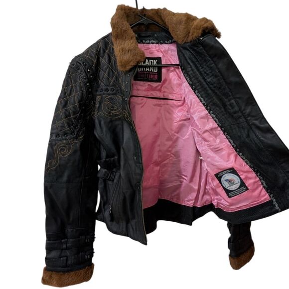 Black Brand Women's XL Sheared Beaver Sheep Leather Studded Jacket Fux Fur Trim - Picture 3 of 14